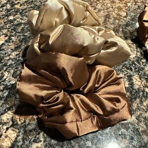 Elegant Satin Scrunchies Set - Gold and Brown, lot of 3